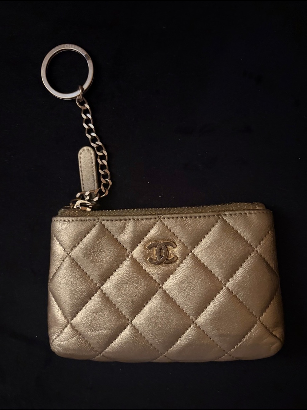 CHANEL Quilted Mini Pouch Keyring in Metallic Gold